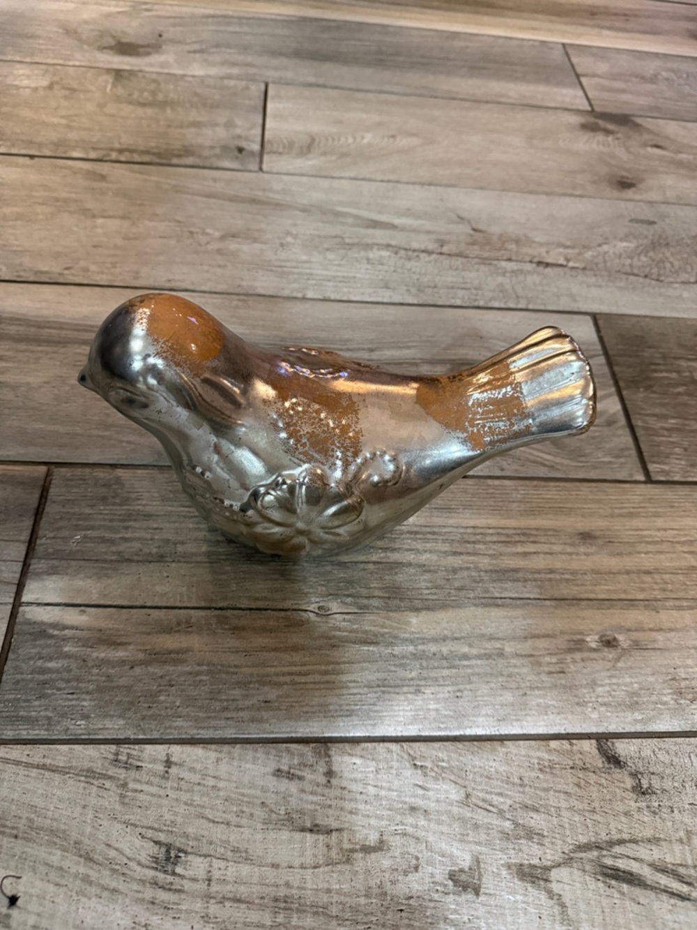 Silver Metallic Bird Figurine with Floral Detail